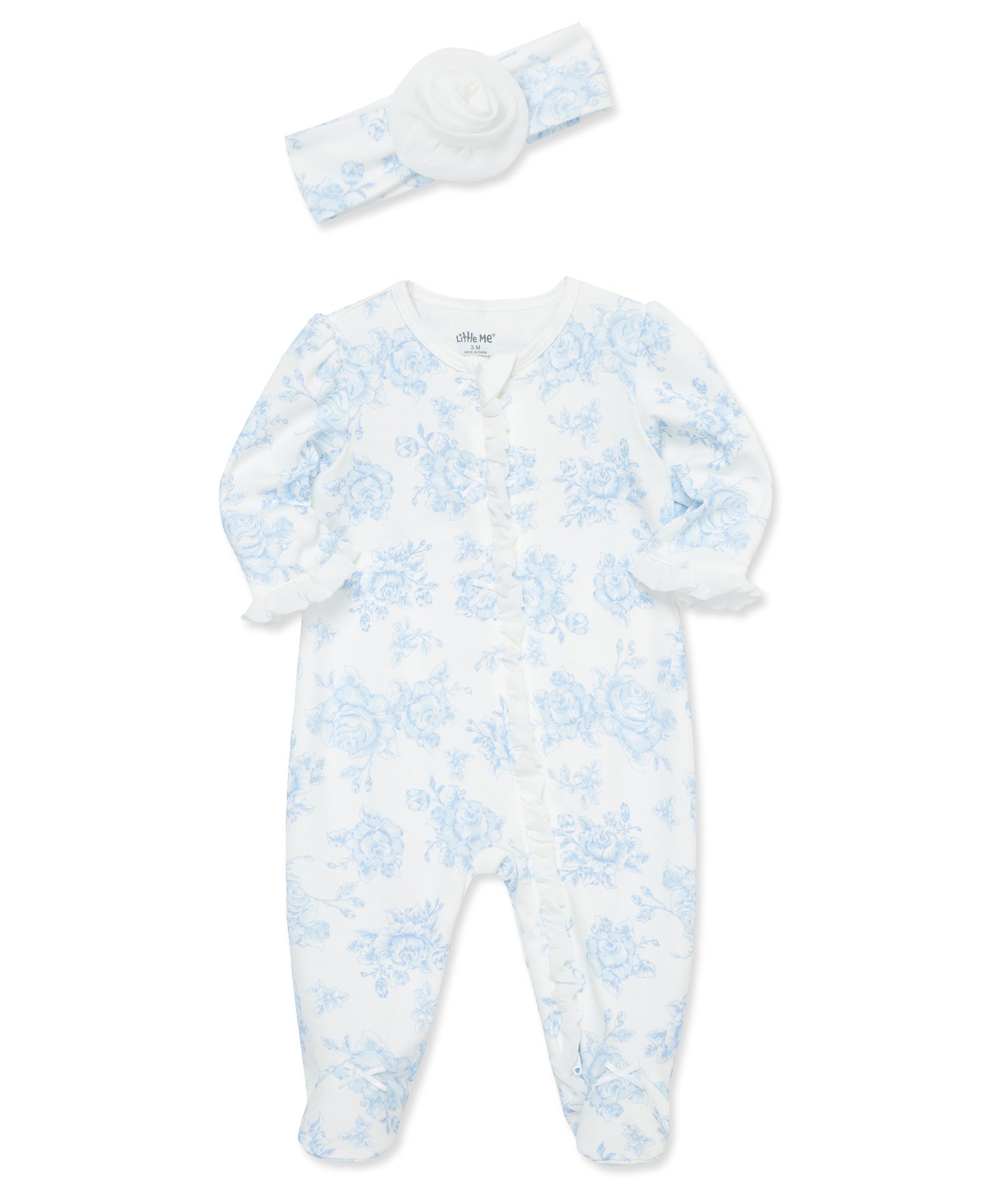 Blue Roses Footed One-Piece And Headband - Little Me