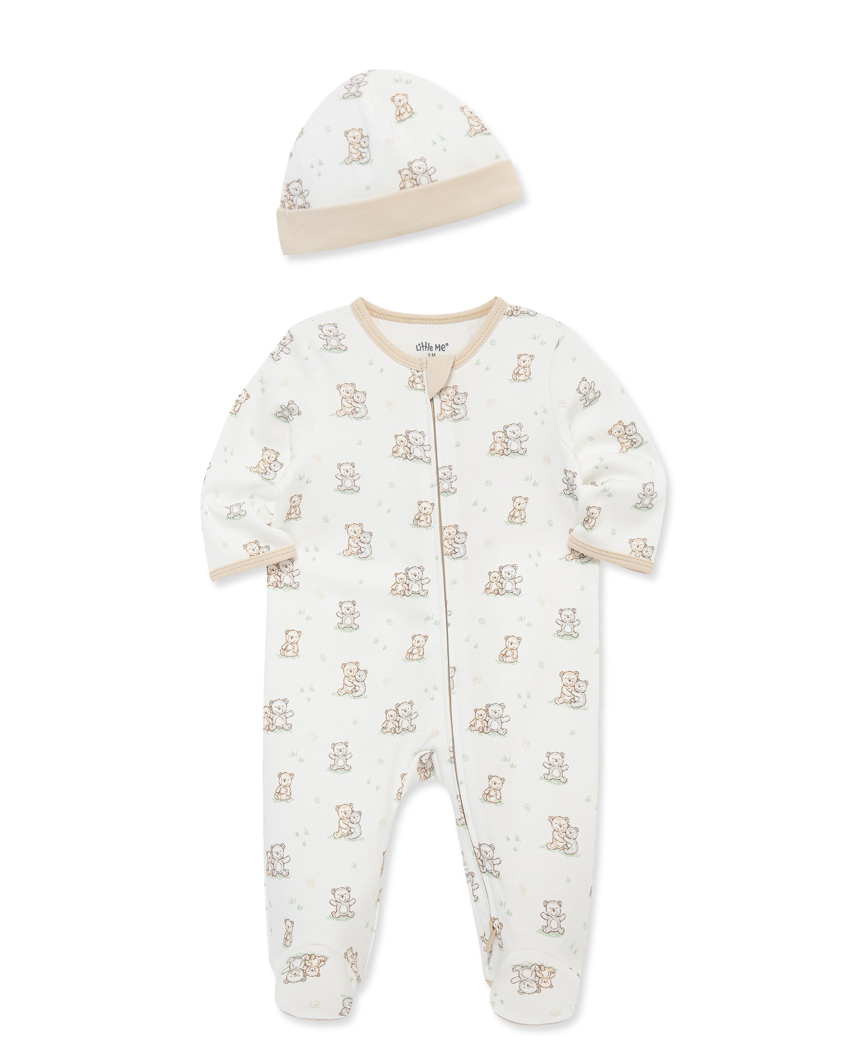 Fuzzy Bears 2-Way-Zip Footed One-Piece and Hat