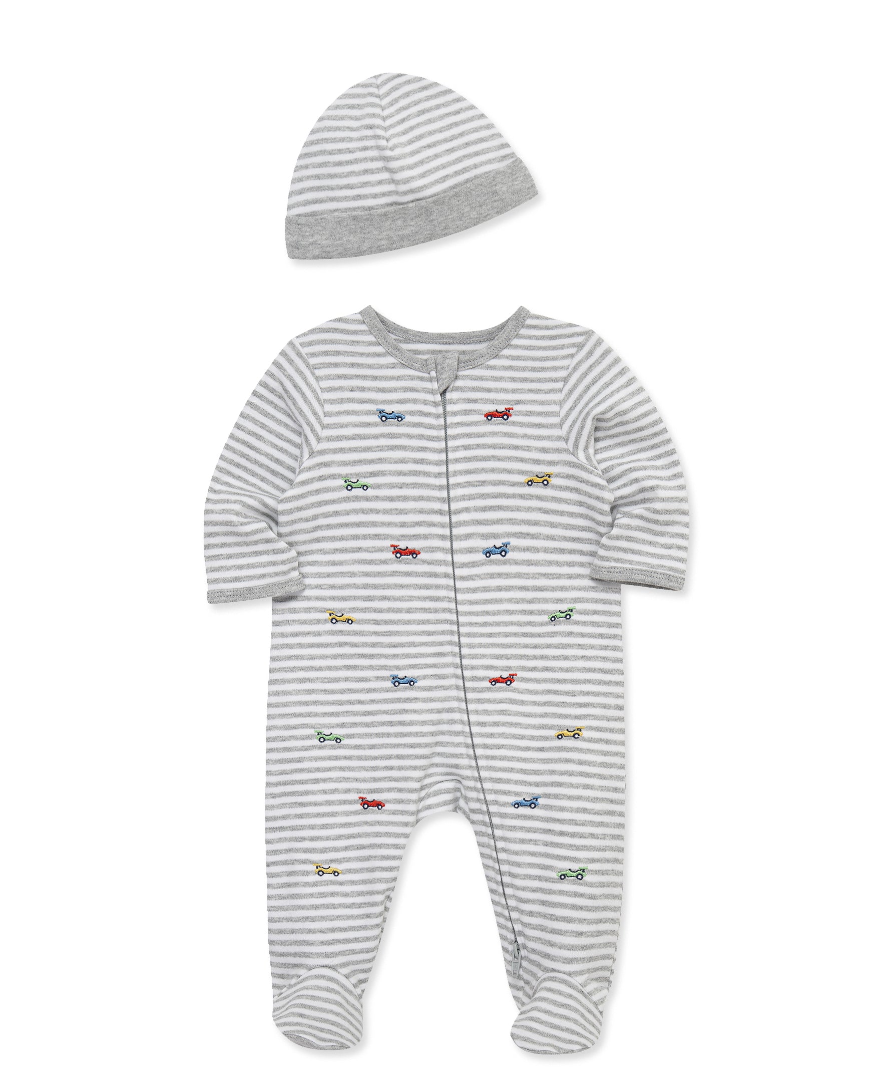 Race Cars 2-Way-Zip Footed One-Piece and Hat