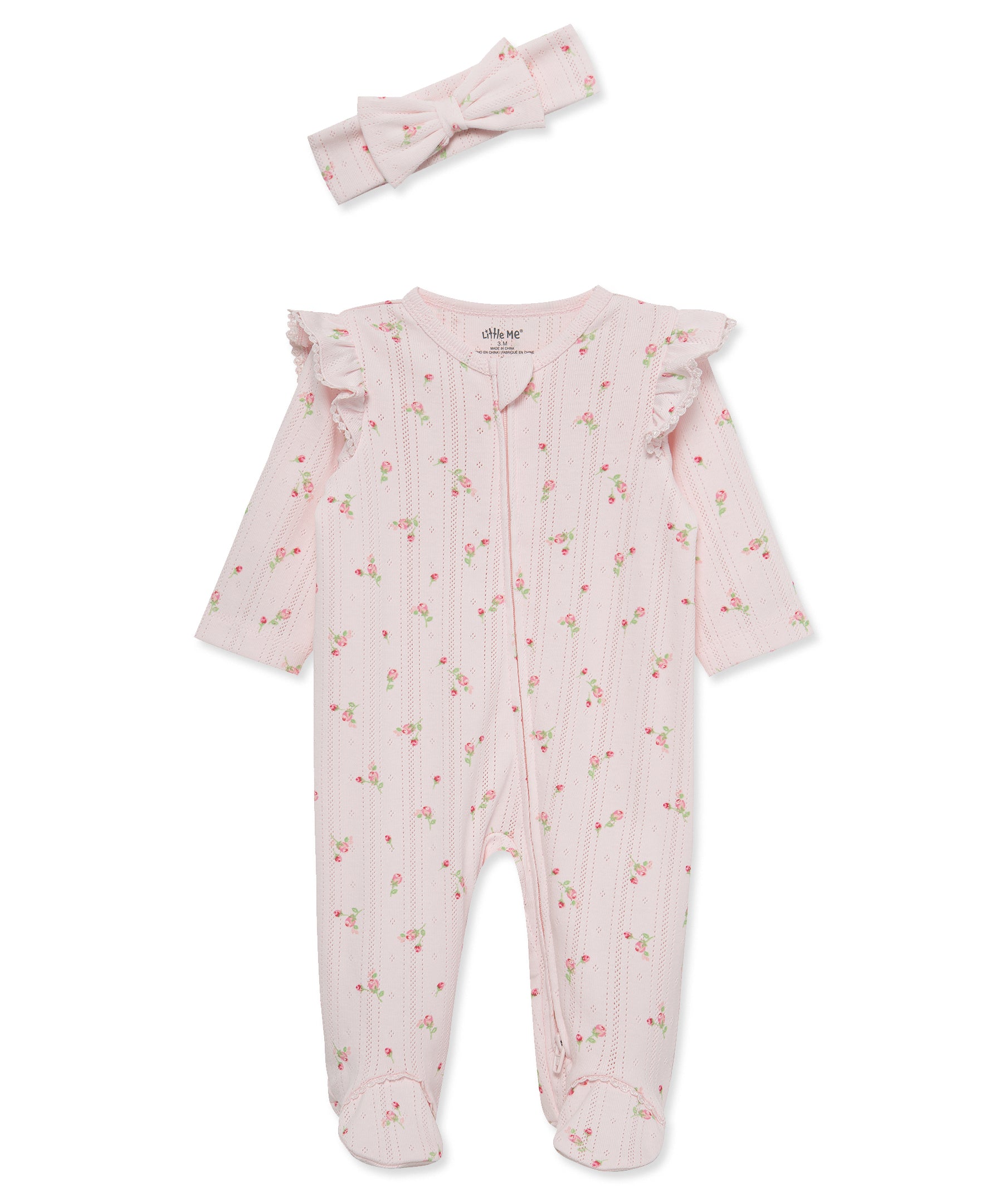 Sweet Rose Pink 2-Way-Zip Footie & Headband - Little Me