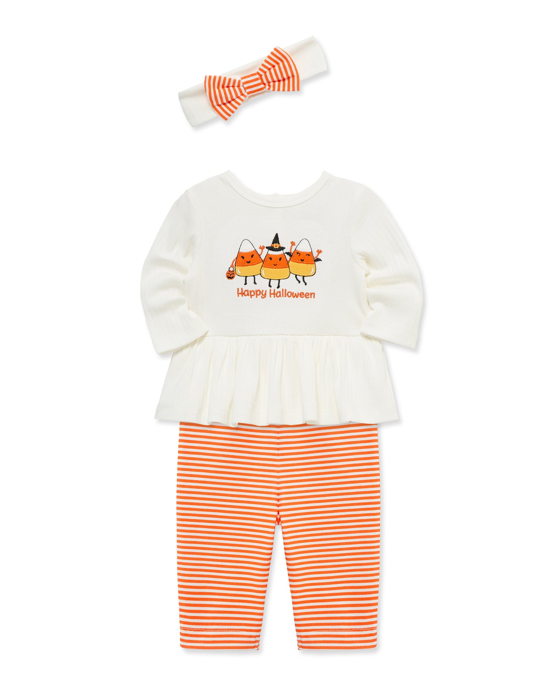 Halloween-themed children's outfit with white top, orange striped pants, and bow tie on a white background