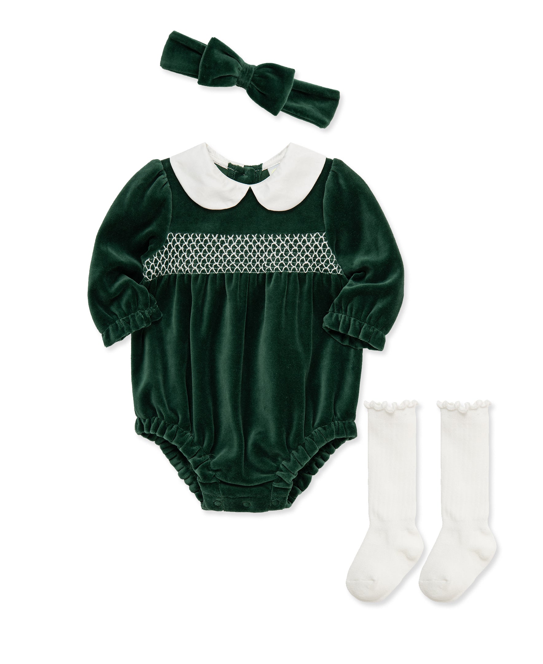 Smocked Velour Bubble & Headband Set w/ Socks (3M-12M) - Little Me