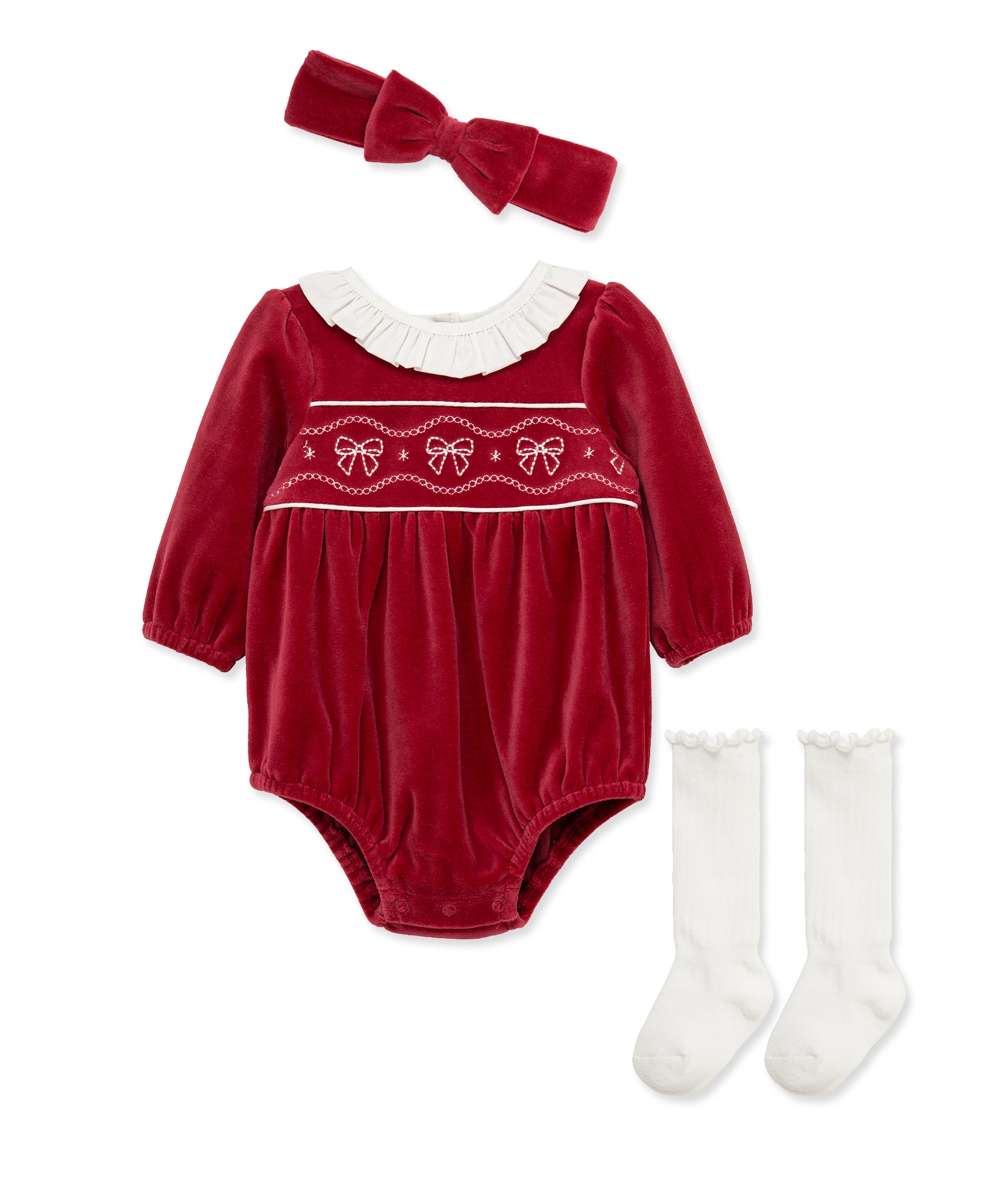 Bows Velour Bubble & Headband Set w/ Socks (3M-12M) - Little Me
