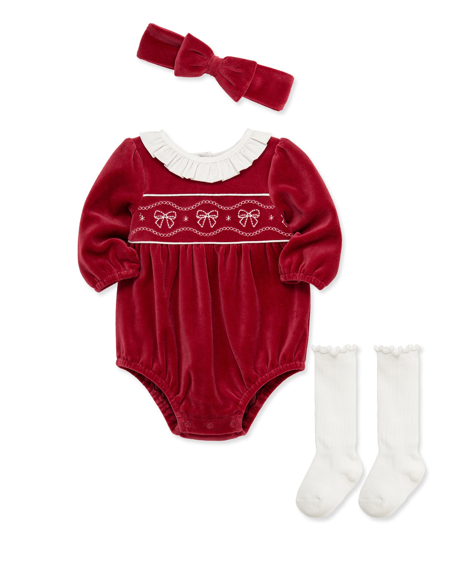 Bows Velour Bubble & Headband Set w/ Socks (3M-12M) - Little Me
