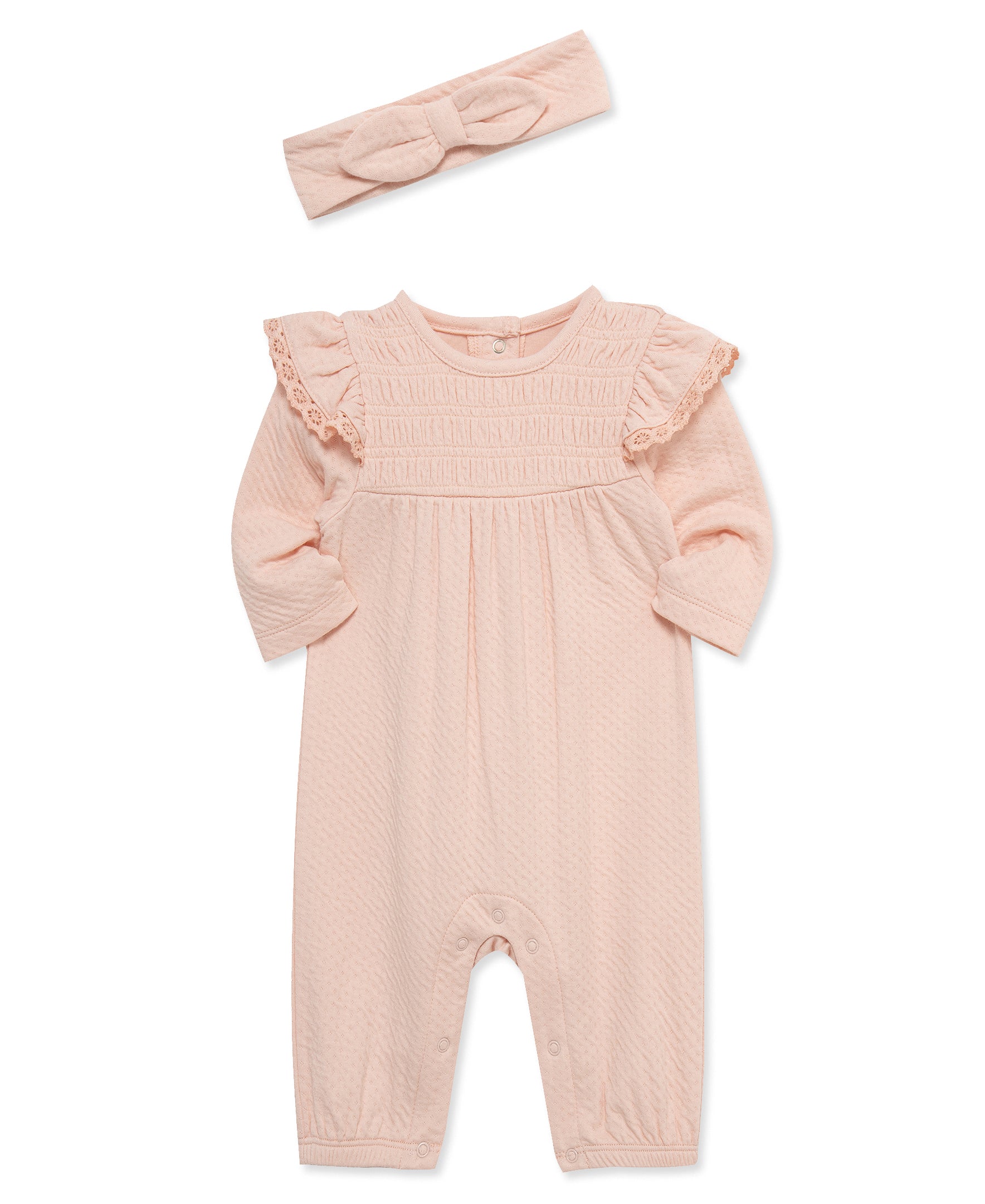 Pink Smock Birdseye Pointelle Knit Coverall Set - Little Me