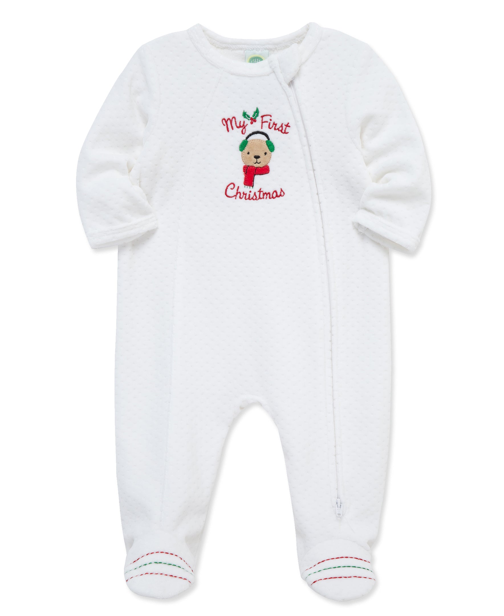 "My First Christmas" Bear Velour Zip Footie (3M-9M) - Little Me