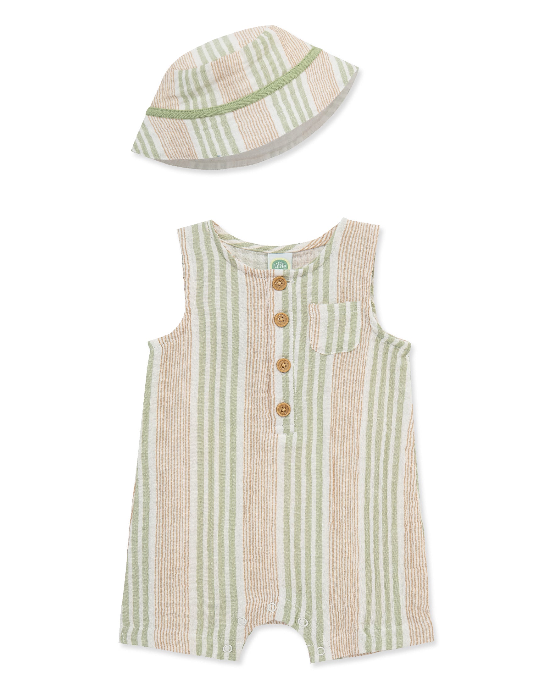 Striped Gauze Romper & Hat Set