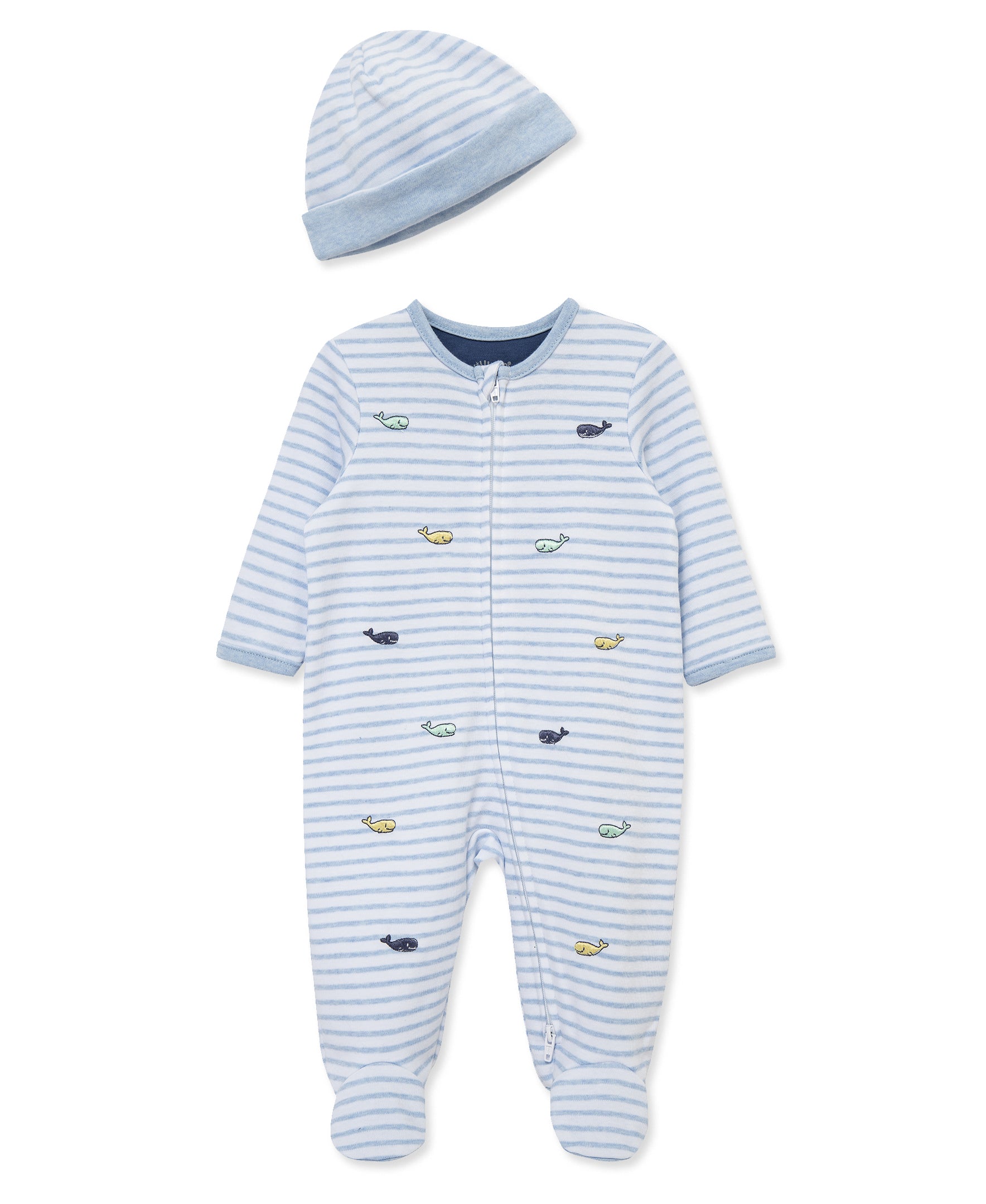 Whales 2-Way-Zip Footed One-Piece & Hat