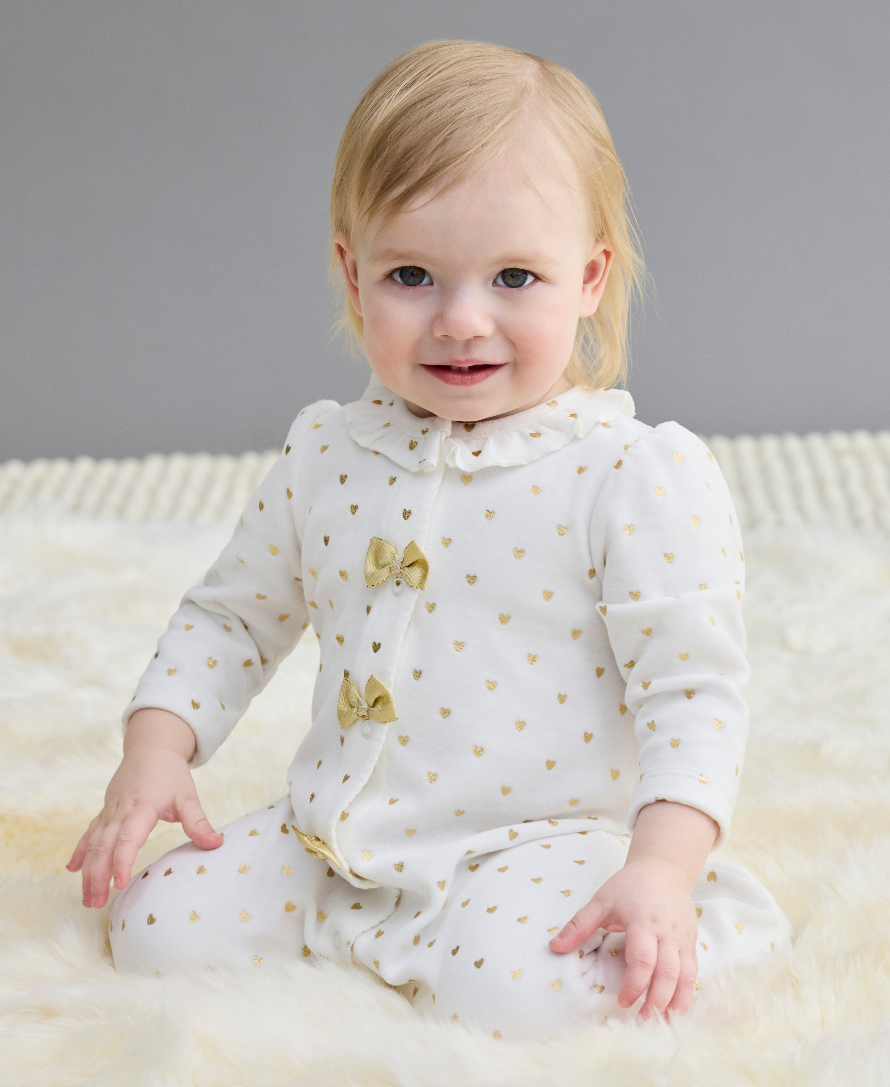 Gold Hearts Velour Footie (3M-9M) - Little Me