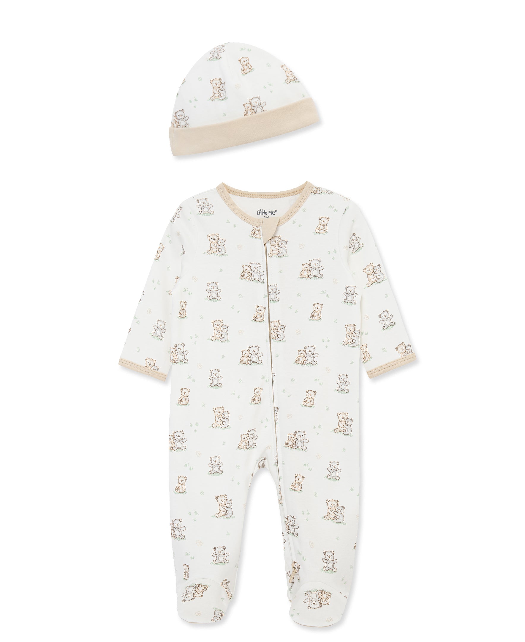 Fuzzy Bears 2-Way-Zip Footed One-Piece and Hat