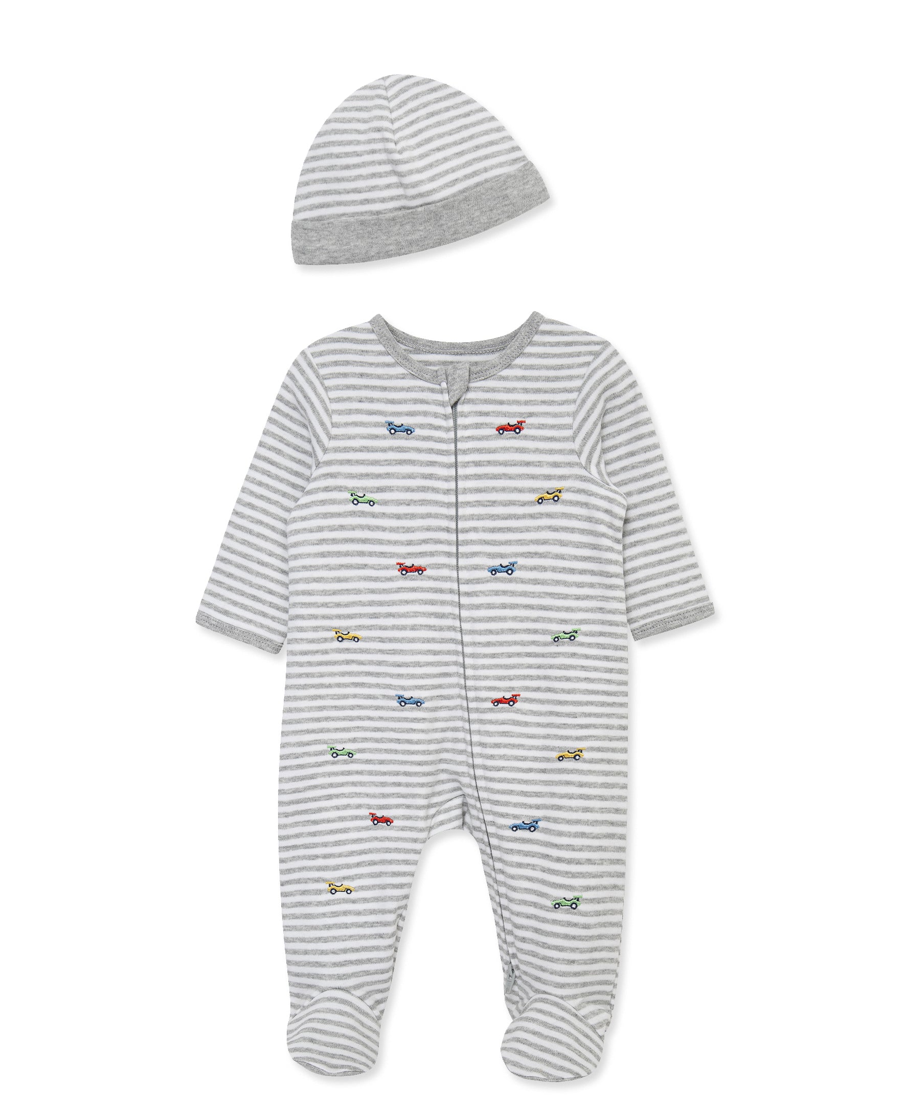 Race Cars 2-Way-Zip Footed One-Piece and Hat