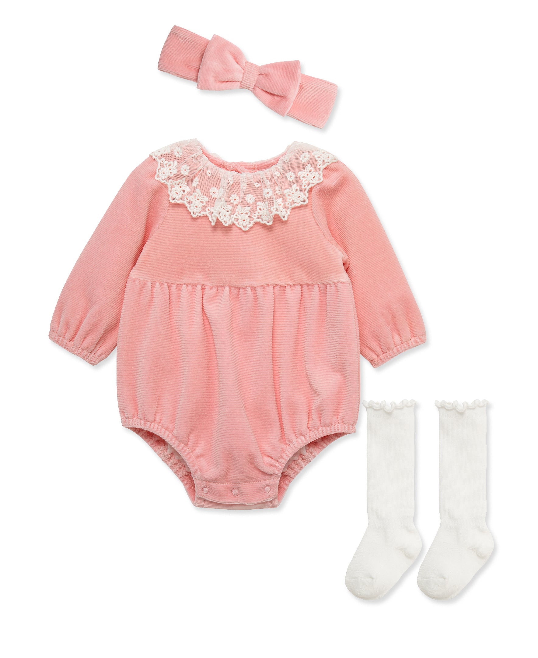 Lace Ruffle Velour Bubble & Headband Set w/ Socks (3M-12M) - Little Me