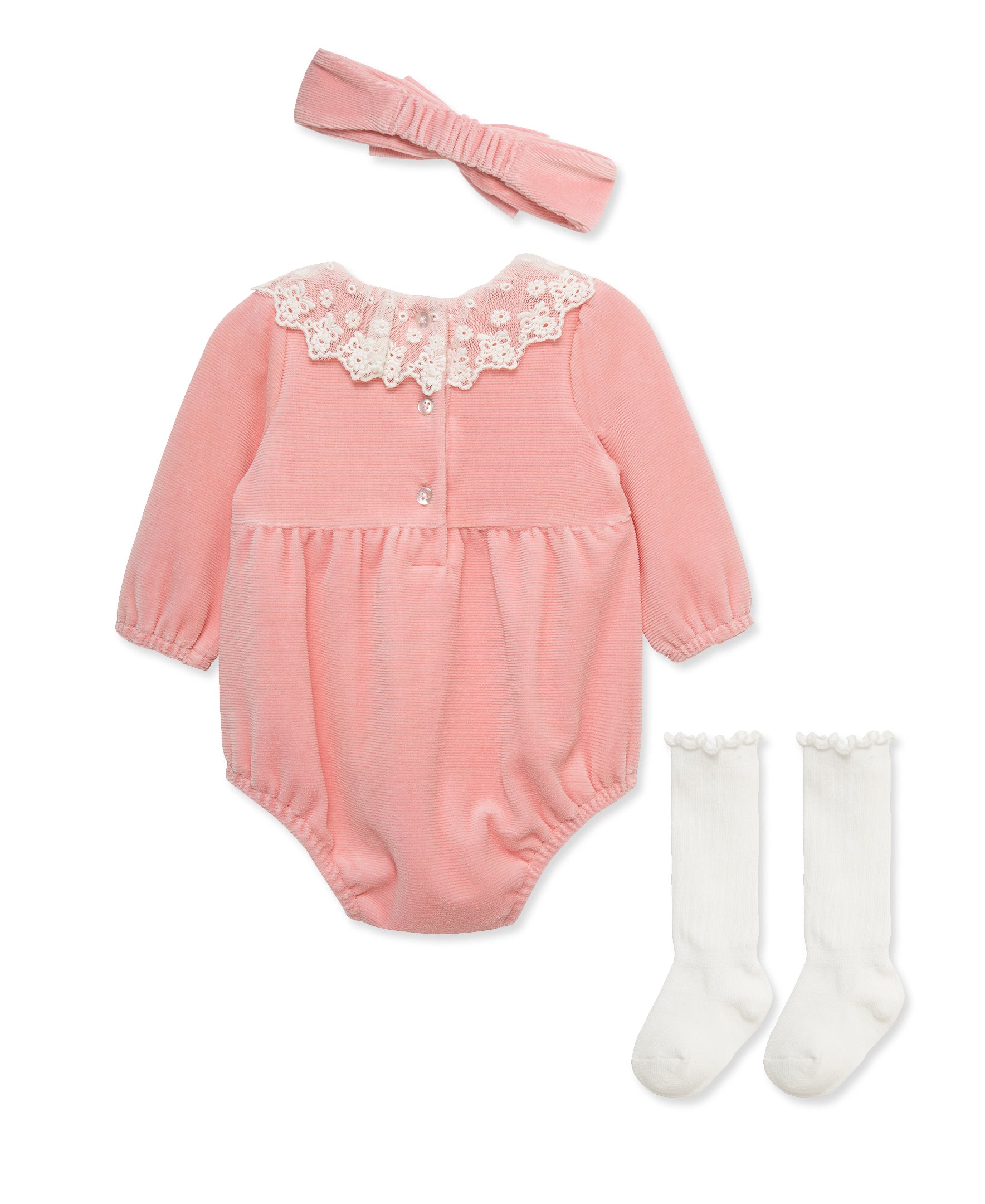 Lace Ruffle Velour Bubble & Headband Set w/ Socks (3M-12M) - Little Me