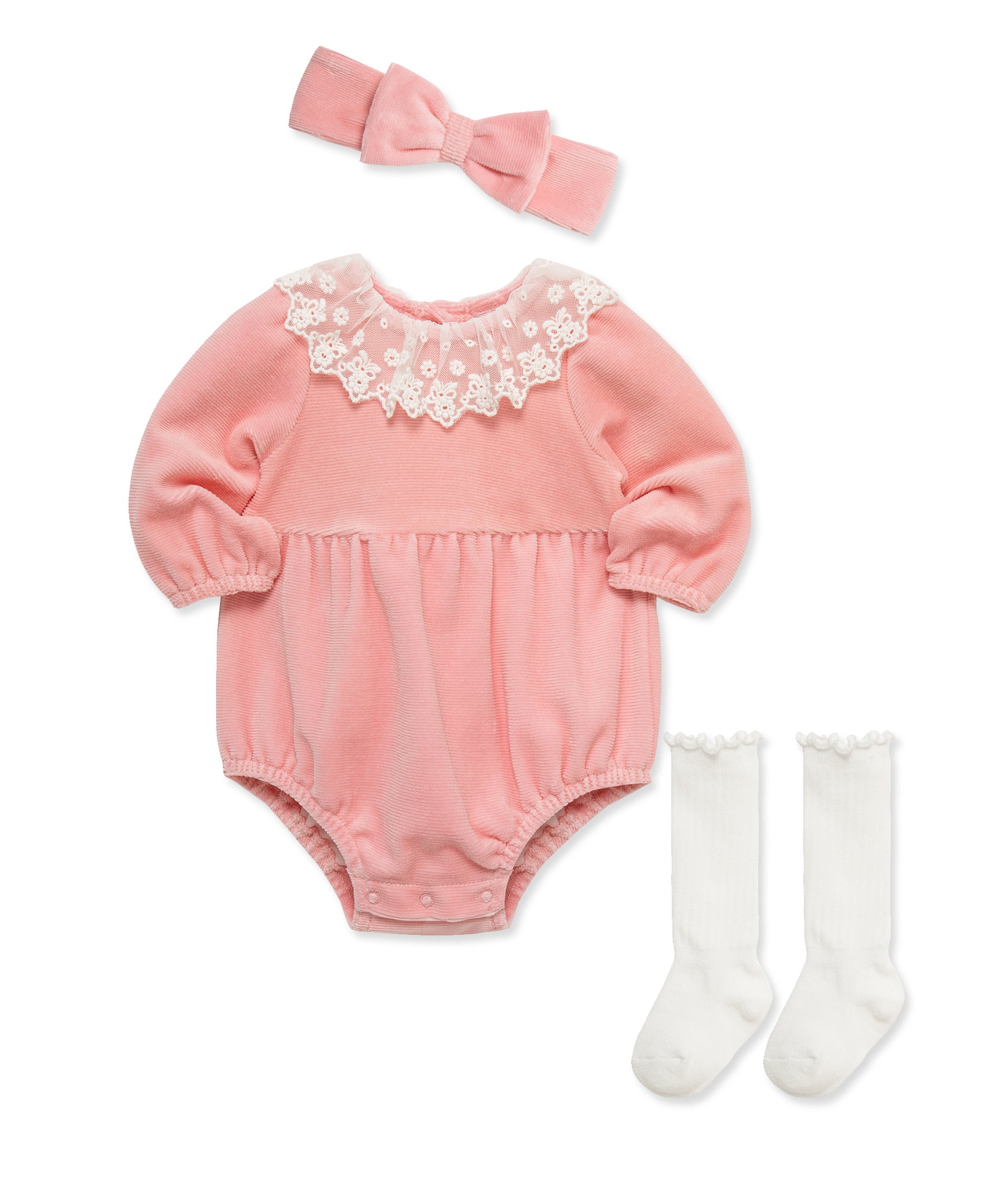 Lace Ruffle Velour Bubble & Headband Set w/ Socks (3M-12M) - Little Me