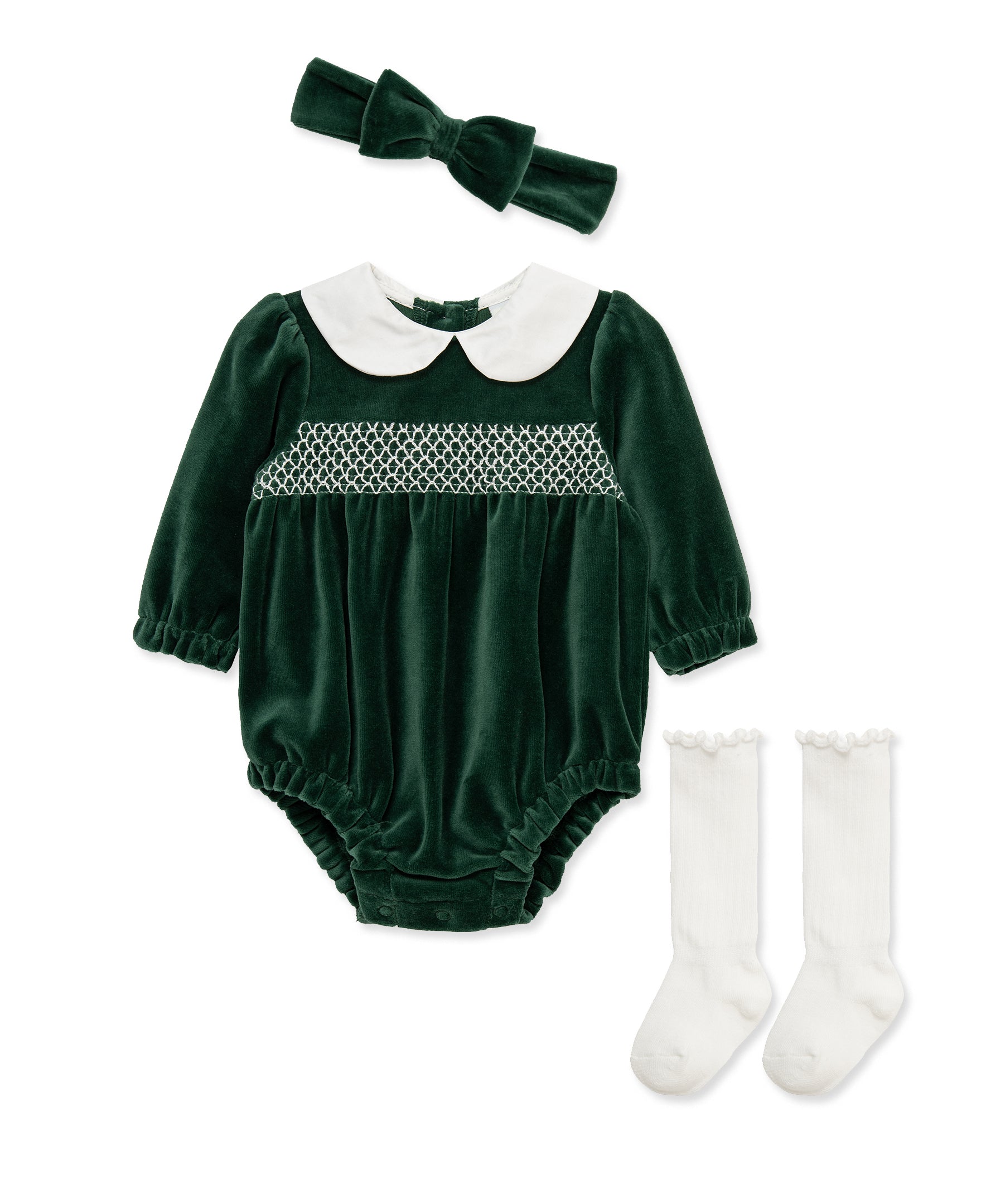Smocked Velour Bubble & Headband Set w/ Socks (3M-12M) - Little Me