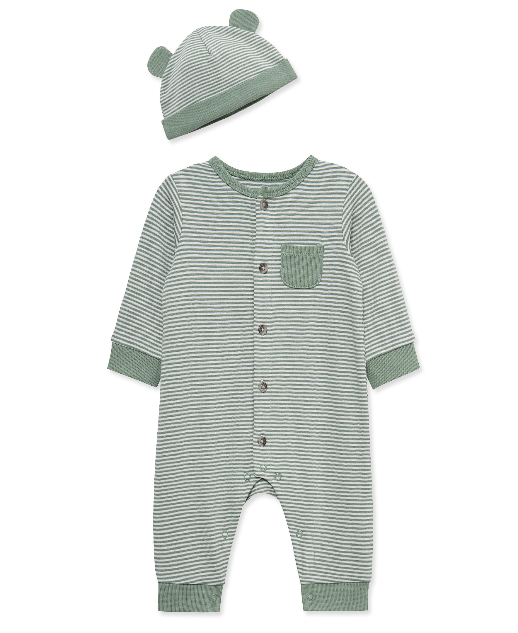 Green Striped Coverall & Hat - Little Me
