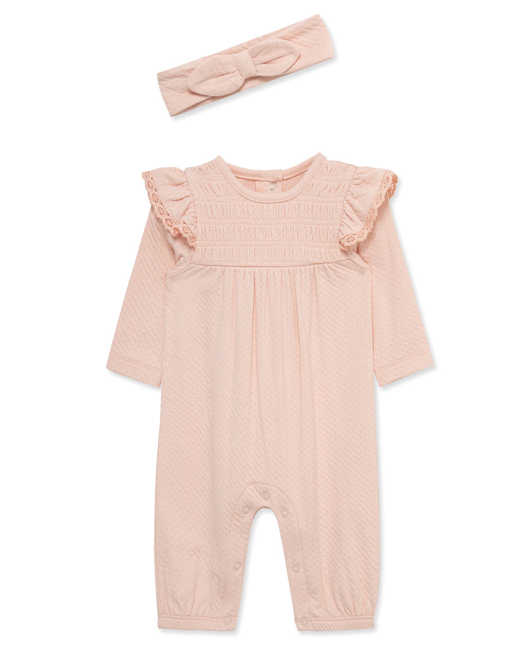 Pink Smock Birdseye Pointelle Knit Coverall Set - Little Me