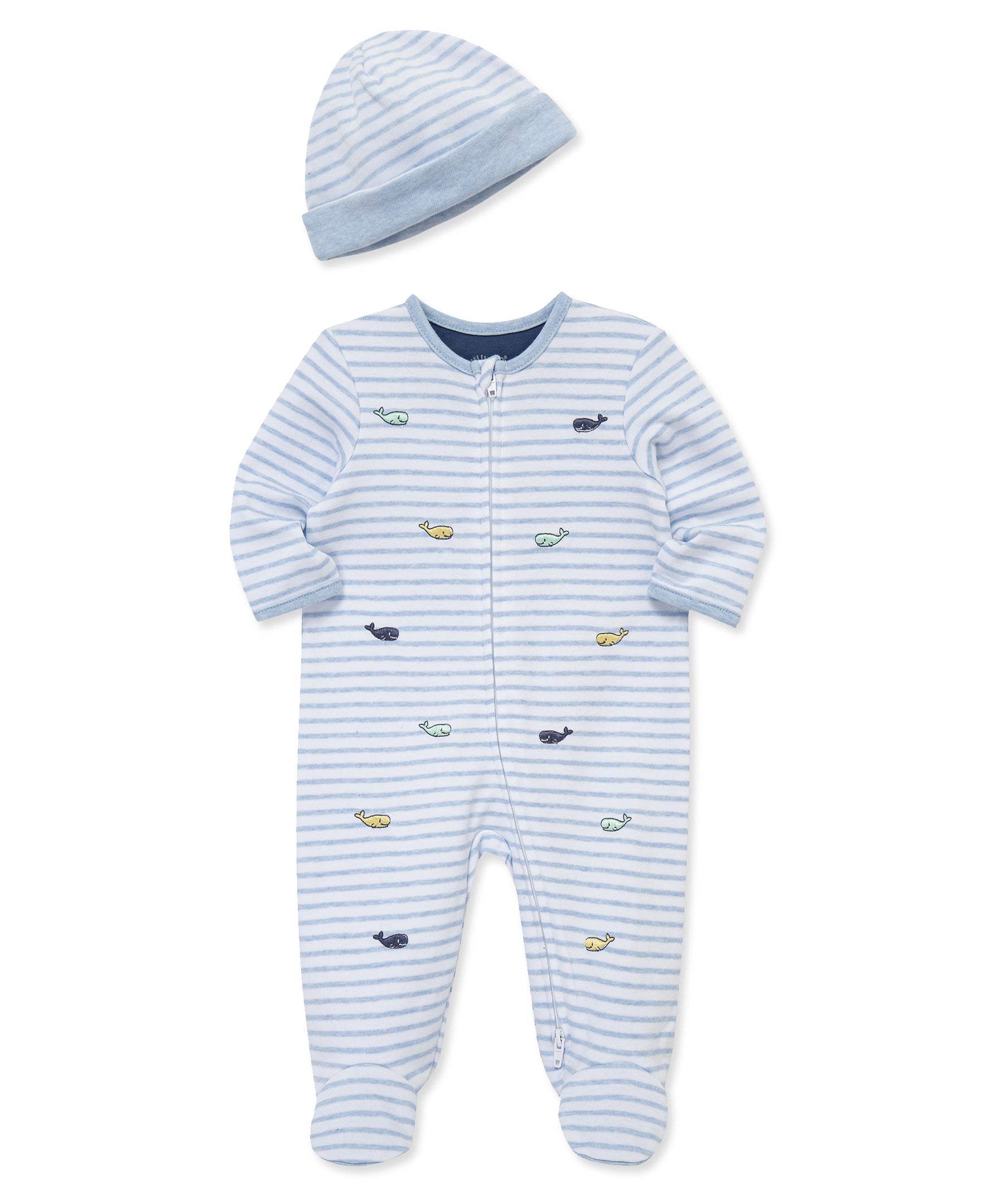 Whales 2-Way-Zip Footed One-Piece & Hat