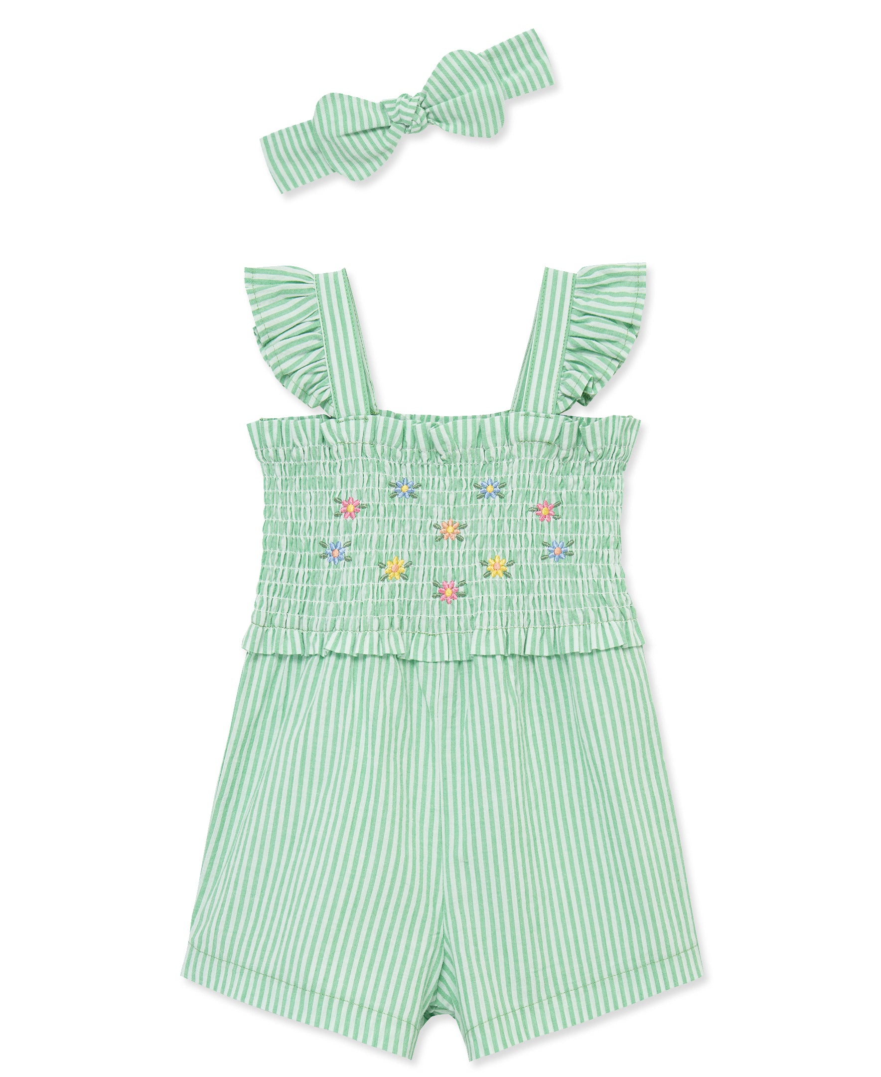 Green Embroidered Woven Romper & Headband (2T-4T) - Little Me