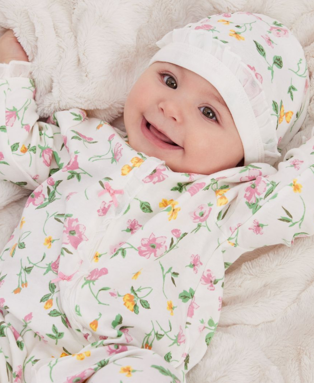 melme♡ Floral Leaf 2-Way-Zip Footed One-Piece And Hat