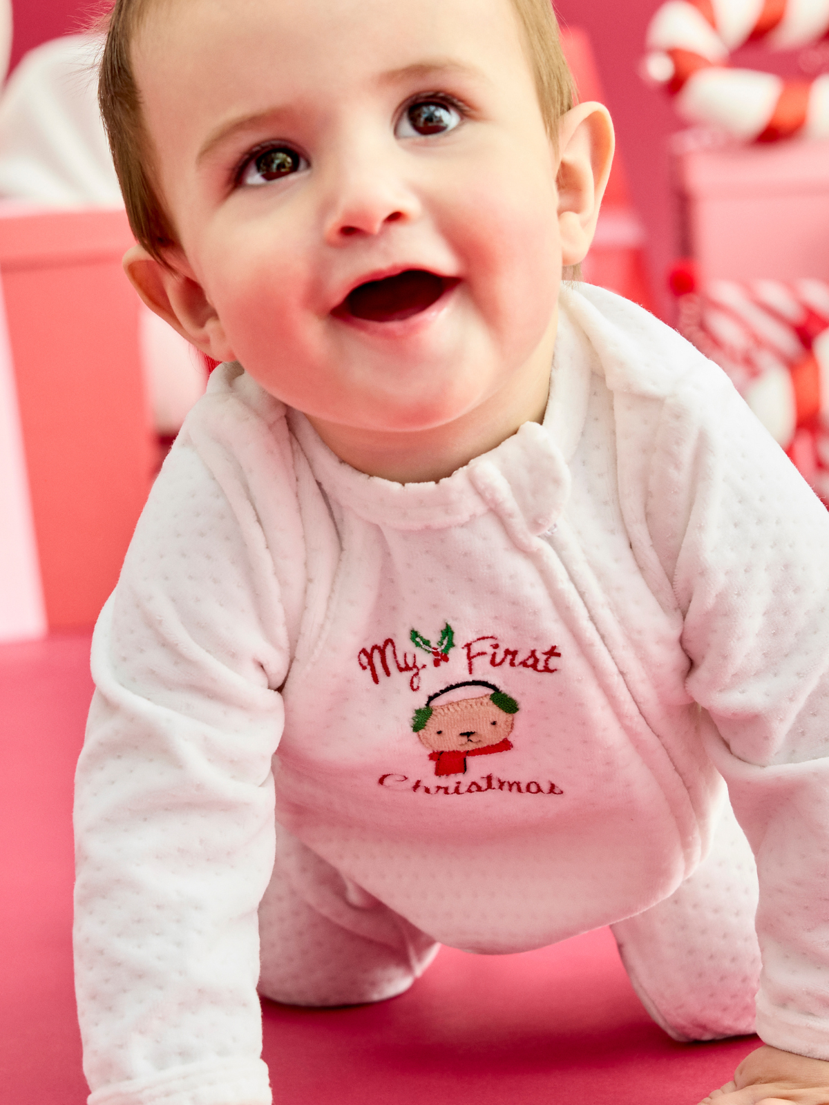 "My First Christmas" Bear Velour Zip Footie (3M-9M)