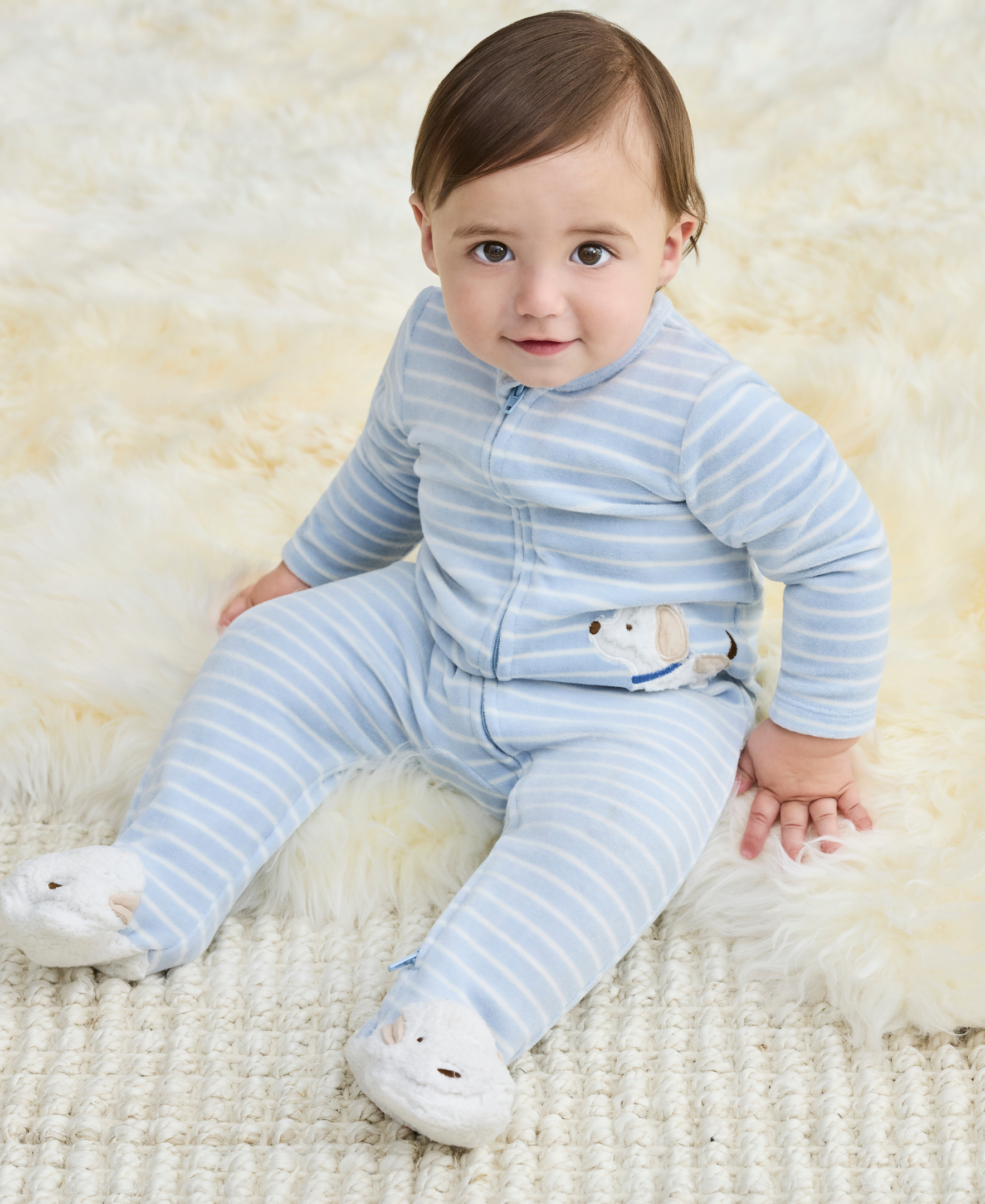 Fluffy Pup Zip Velour Footie (3M-9M)