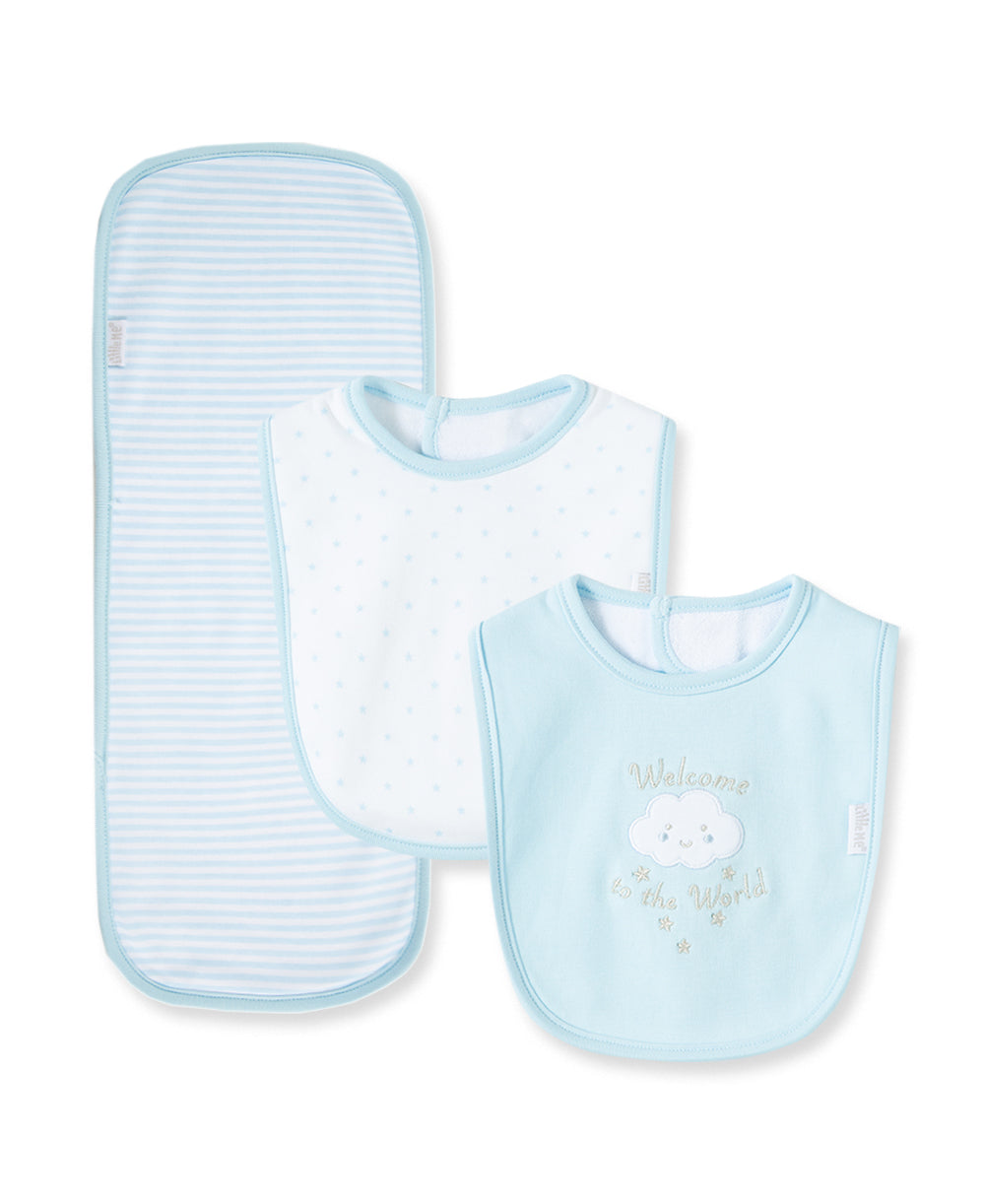 Blue Welcome To The World Bib & Burp Set - Little Me