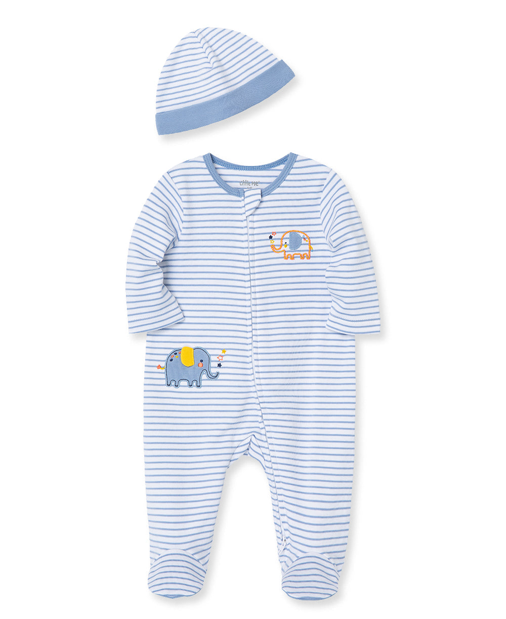 Elephant 2-Way-Zip Footed One-Piece And Hat - Little Me